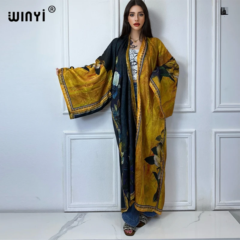 WINYI 2024 High-quality Double-sided Print Silk feel Dress Beach Wear Boho Cardigan abaya women muslim dress Long Sleeve Kimono