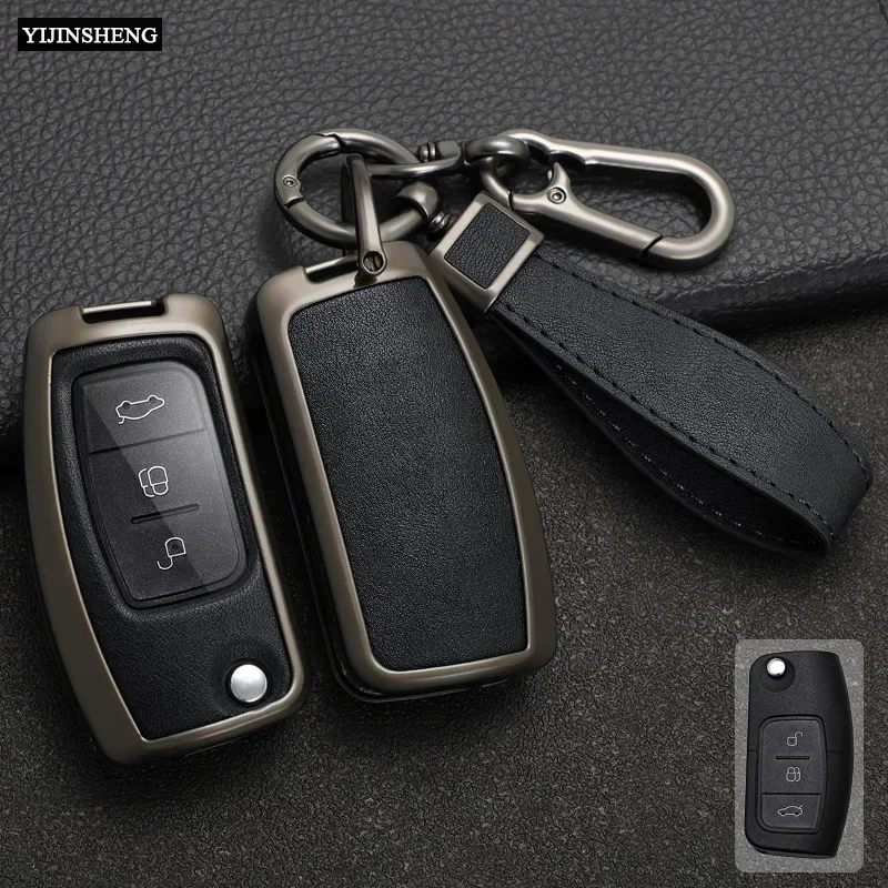 3 Buttons New Zinc Alloy + Leather Car Key Case Cover For Ford Fiesta Focus 2 Ecosport Kuga Escape Falcon B-Max C-Max Eco Sport