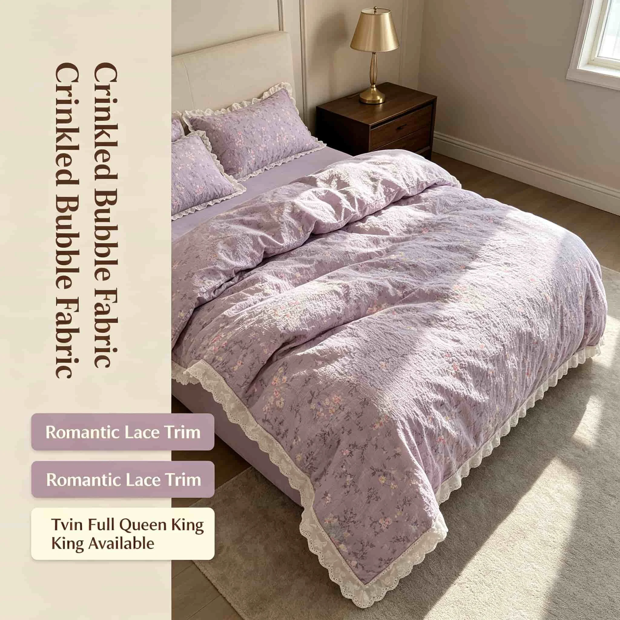 Ruffle Lace Floral Bedding Sets, Purple Wrinkled Fabric Duvet Cover, Cute Bedding Set, Aesthetic Comforter Sets