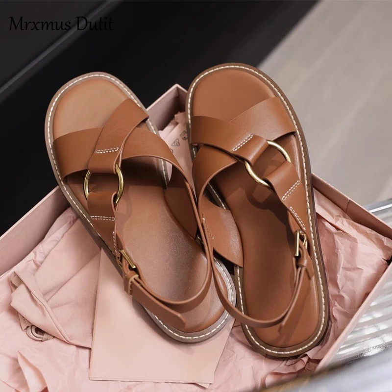 

MrxmusDutit Retro Roman Designer Sandals Female 2023 New In Solid Color Leather Sandalias Cross Strap Design Fashion Flat Sandal