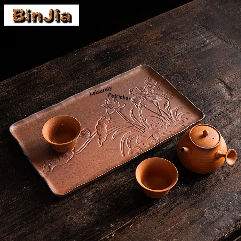 Handmade Relief Lotus Coarse Pottery Rectangular Tea Tray Snack Plate Coffee Storage Board Organizers Desk Dishes For Serving