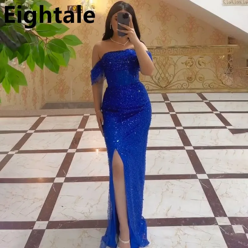 

Eightale 2024 Royal Blue Sequin Evening Dresses For Wedding Party Off Shoulder Mermaid Formal Prom Dress Dubai Party Gown