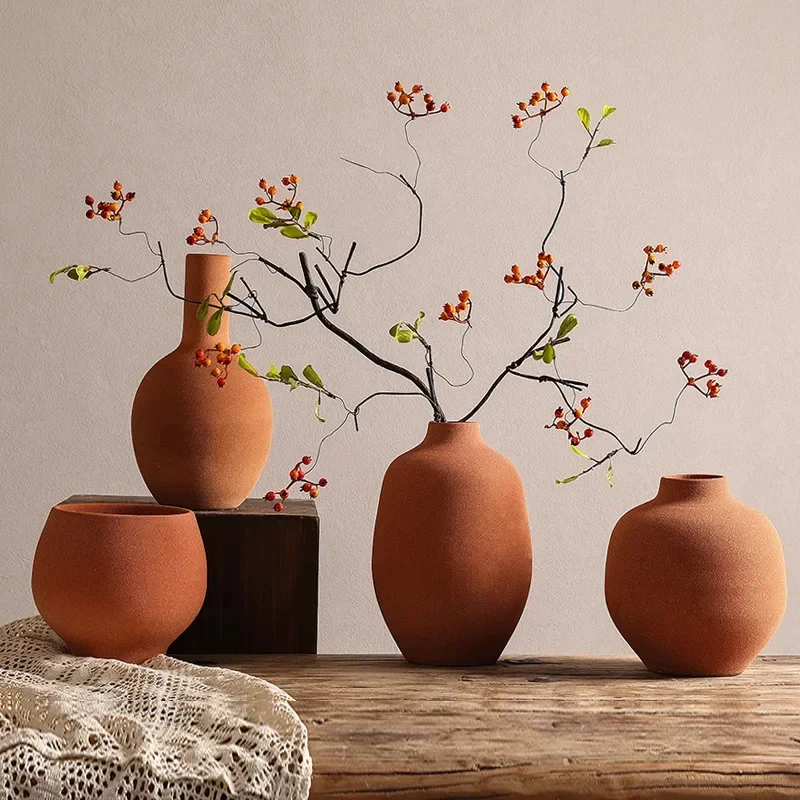 Red Thick Pottery Vase Sanded Ceramic Flower Vase Handmade Flower Arrangement Flower Vases Flowerpot Home Decoration Accessories