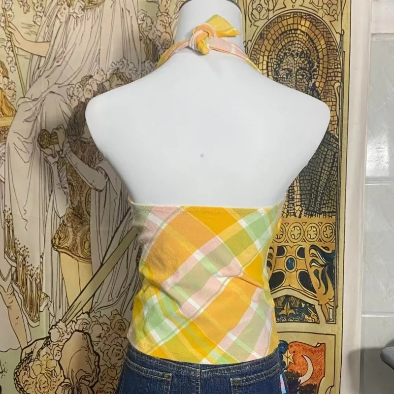 夏ドーパミンガールキャミソール日本のヴィンテージ甘いかわいいホルターベストレトロサブカルチャーチェックタンク女性のスリムフィットショートトップス
