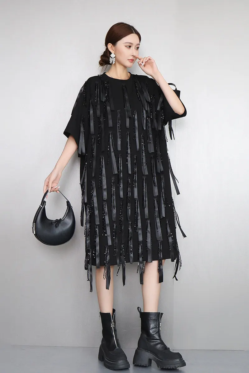 

2026 Summer New Elegant Irregular T-shirt Short Dress Women Casual Short Sleeve Tassel Dress Wholesale J2221