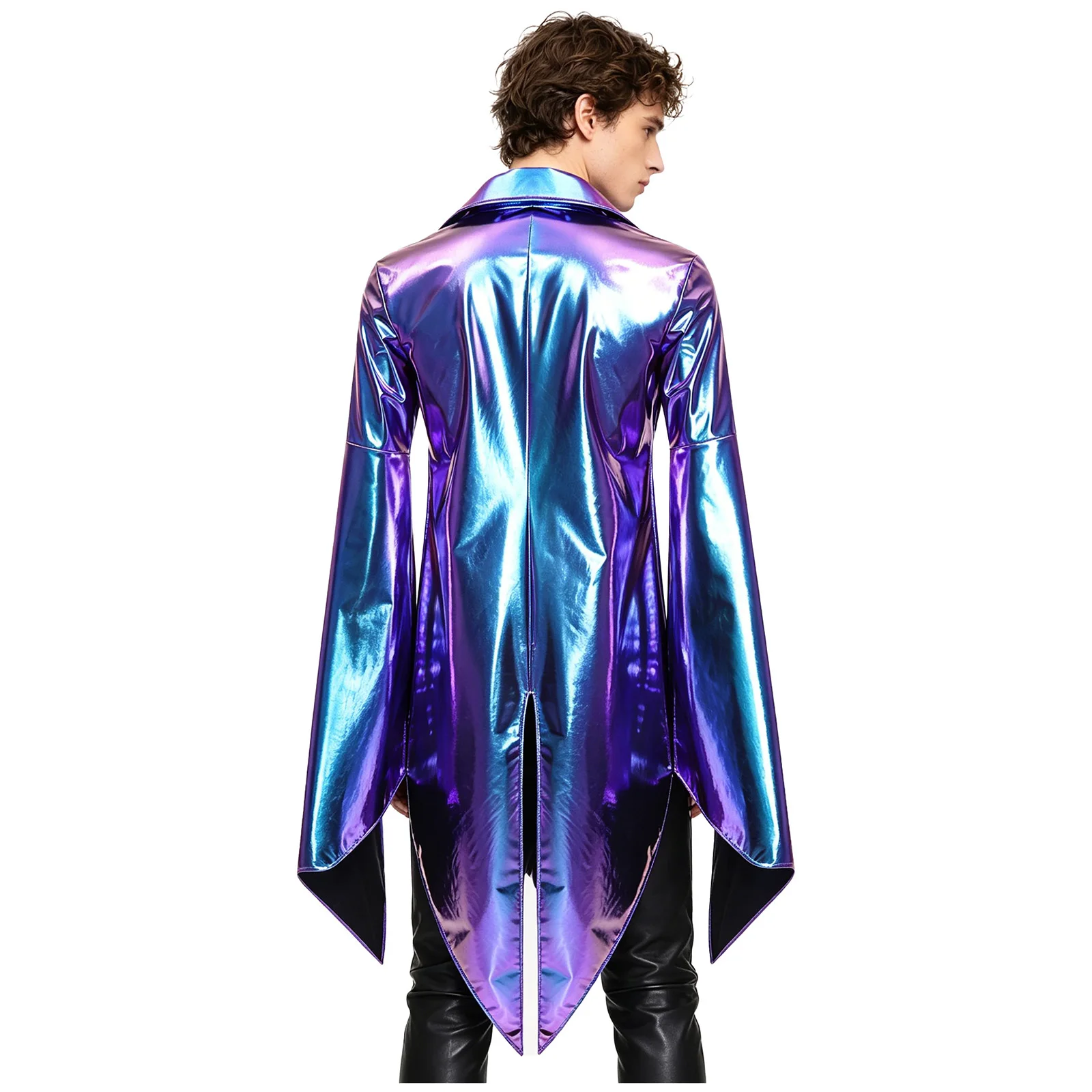 Mens Metallic Shiny Gothic Cloak Jacket Stand Collar Long Sleeve Flared Cuffs Front Buckle Tailcoat Punk Outerwear for Clubwear