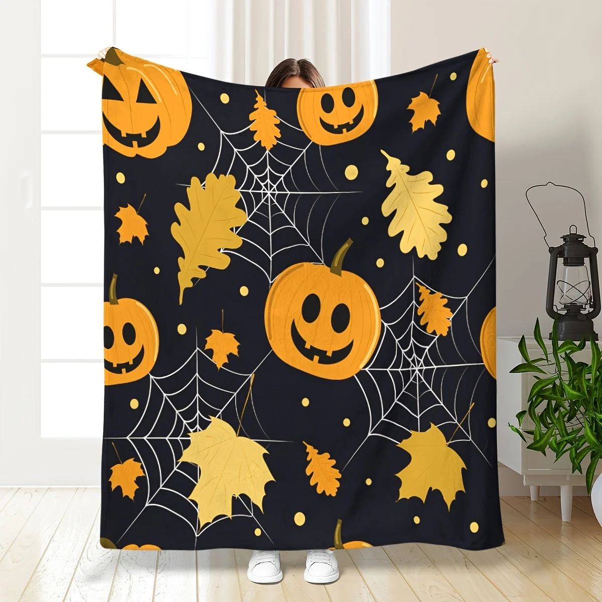 

Cozy Flannel Halloween Throw Blanket With Pumpkin & Spider Web Design - Allergy-Friendly