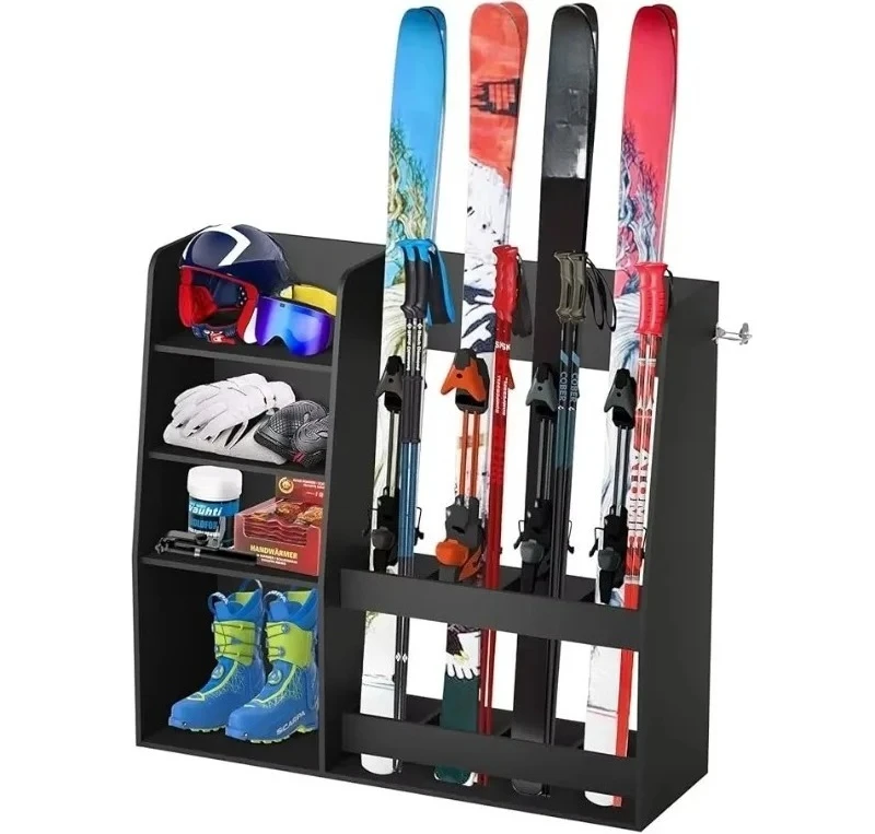 Ski storage rack organization rack bracket floor mount fits 4 pairs of skis and multiple ski equipment attachments