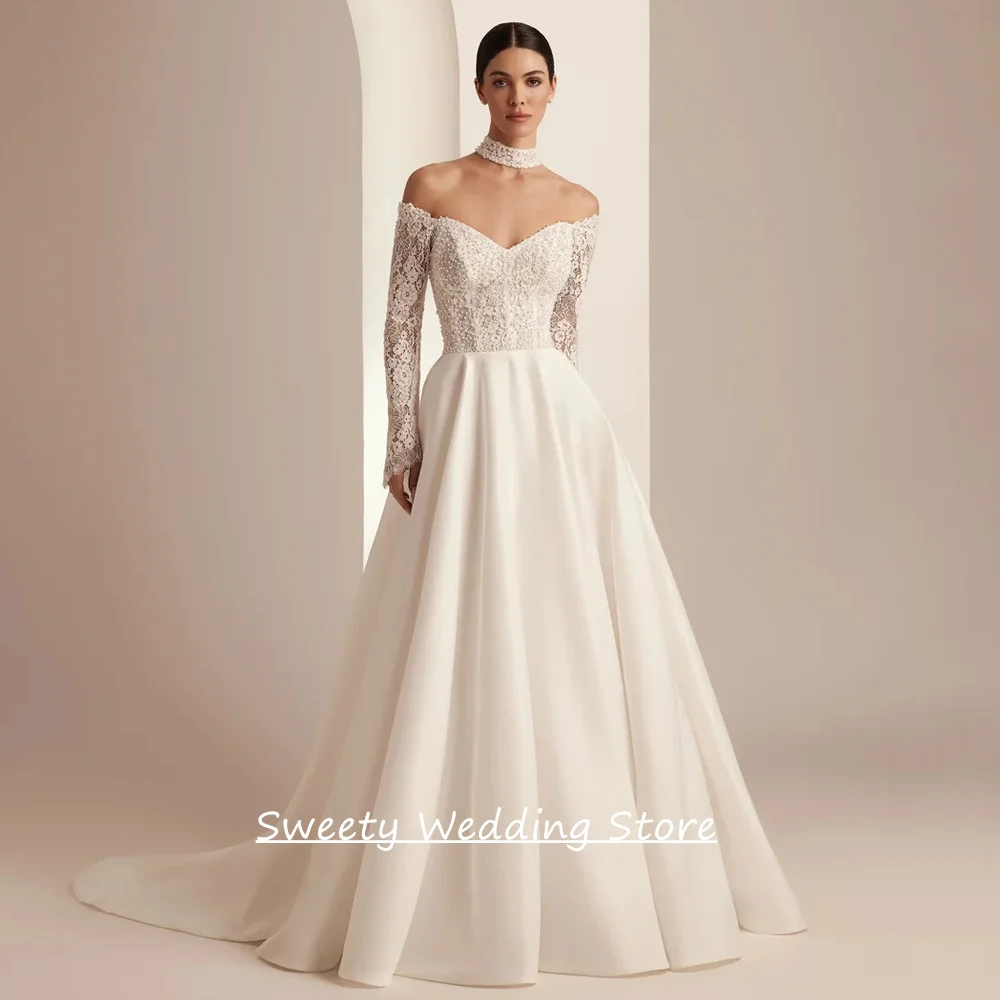

Charming Wedding Dress Robe De Mariage Customized V Neck Long Sleeves Beading Lace Satin A Line Bridal Gown for Bride
