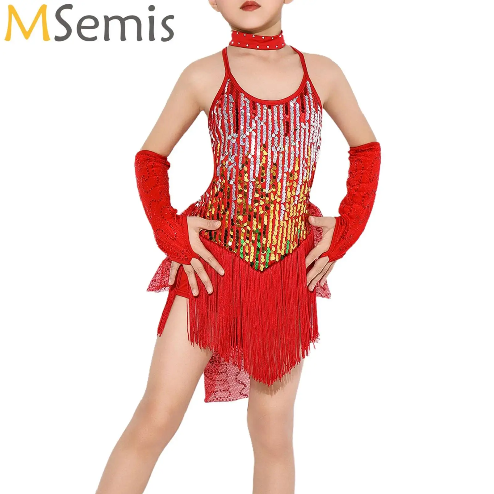 

Kids Girls Dance Belly Clothes Set Kids Tango Skirt Carnival Wear Dancewear Latin Salsa Costumes Tassel Dancing Dress with Glove