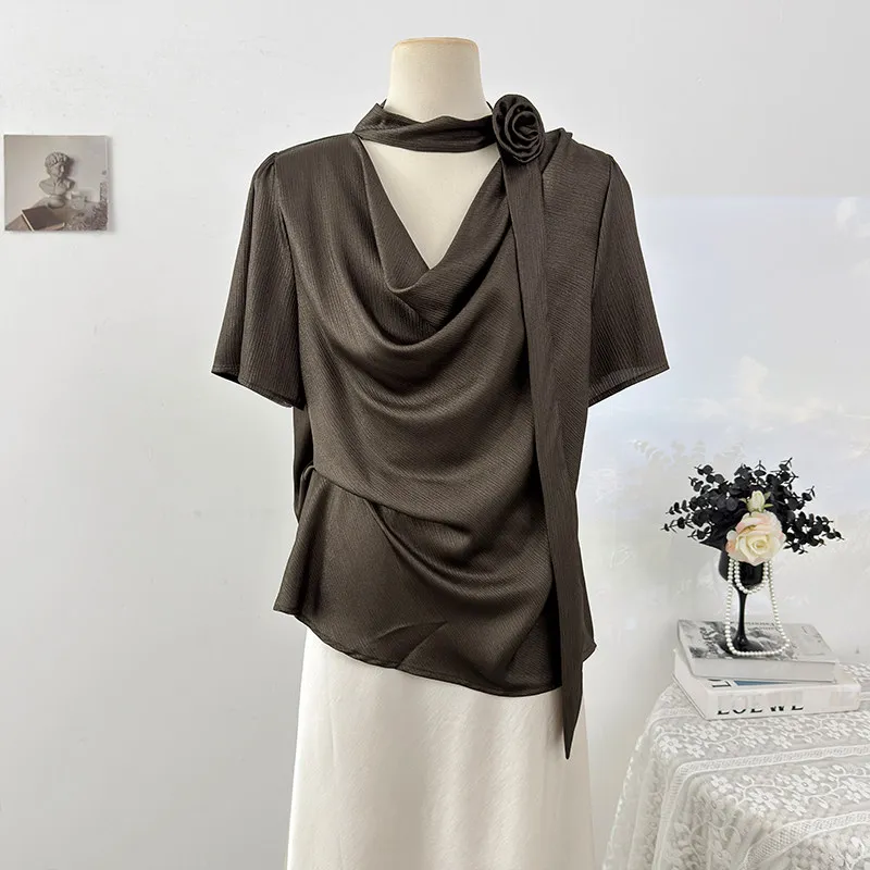 Women's Summer Elegant Satin Swinging Collar Short Sleeve Blouse Top Lady Solid Color Flower Neck Ribbon Loose Shirt Top