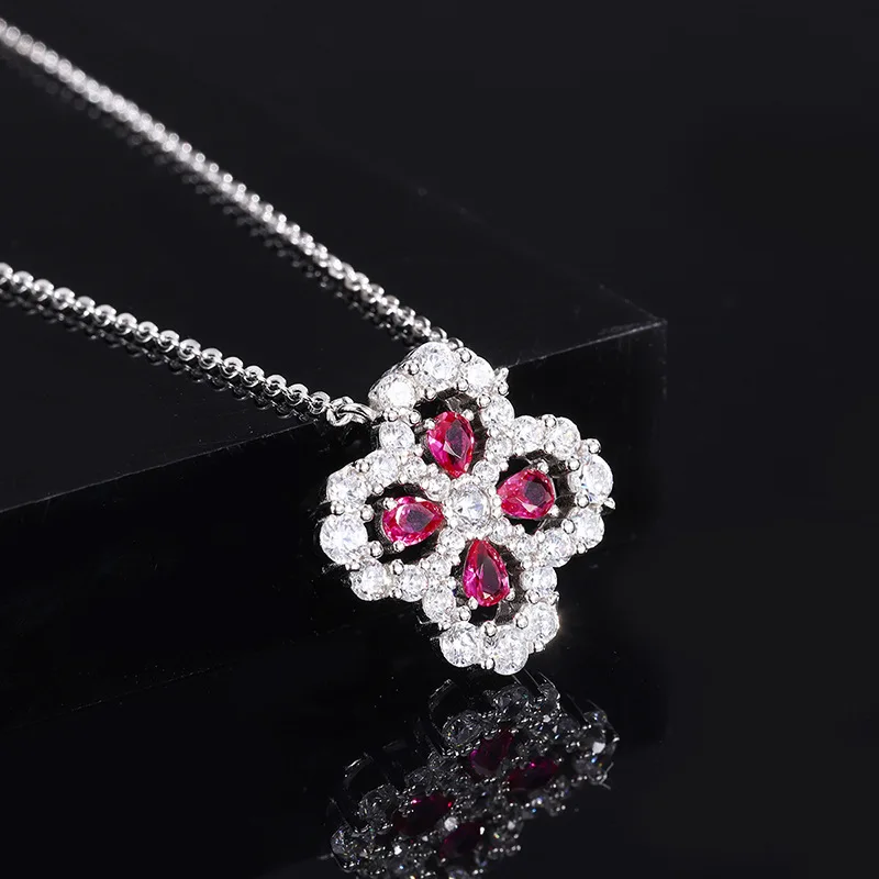 New S925 silver ruby ​​full diamond inlaid four-leaf clover necklace pendant wedding party commemorative birthday party gift