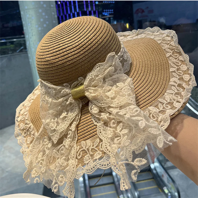 Lace Straw Hat Summer Sun Hats Woman Wide Brim Straw Beach Side Cap Floppy Female Straw Hat Lace Solid Fringe Summer Cap