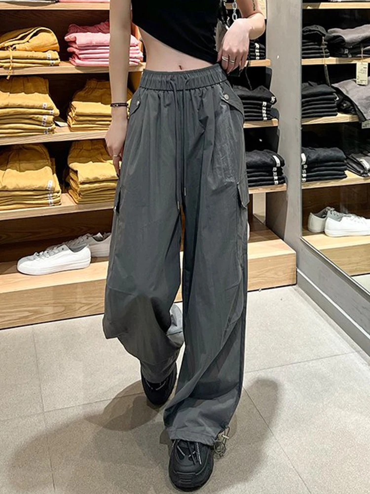 

Summer Women Cargo Pants New Solid Colour High Waist Straight Wide-legged Drawstring Trousers Casual Loose Big Pocket Pants