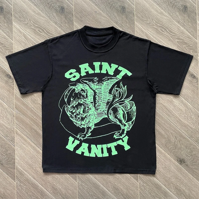 تي شيرت SAINT VANITY Ins The Same Style، تي شيرت كاجوال بأكمام قصيرة مطبوع عليه حروف للرجال والنساء مقاس كبير قابل للتنفس