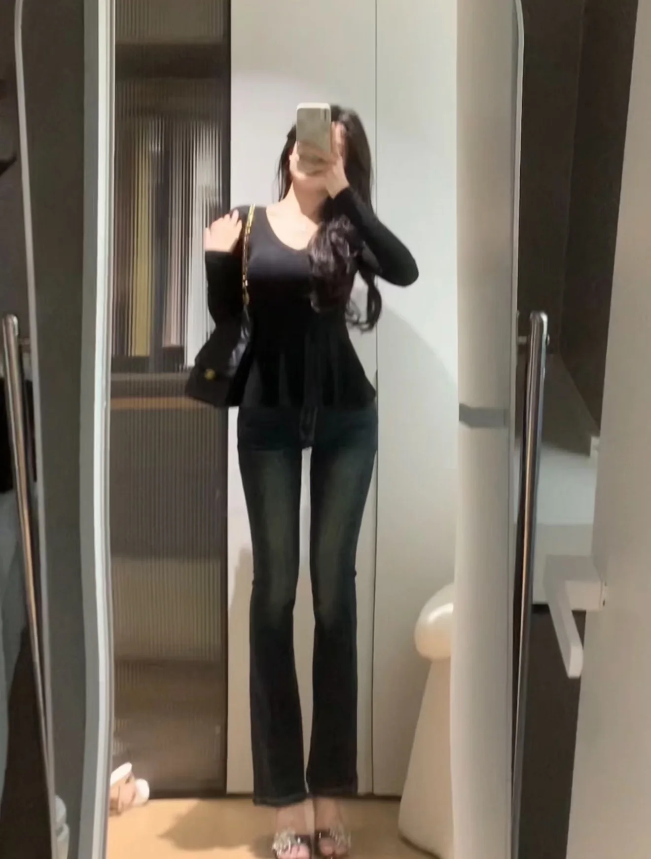 

Slim Fit High Waist Cotton Stretch Denim Bell Bot Jeans Women's plus Size Pants Korean Sle Blue Color 2025 New Arrival