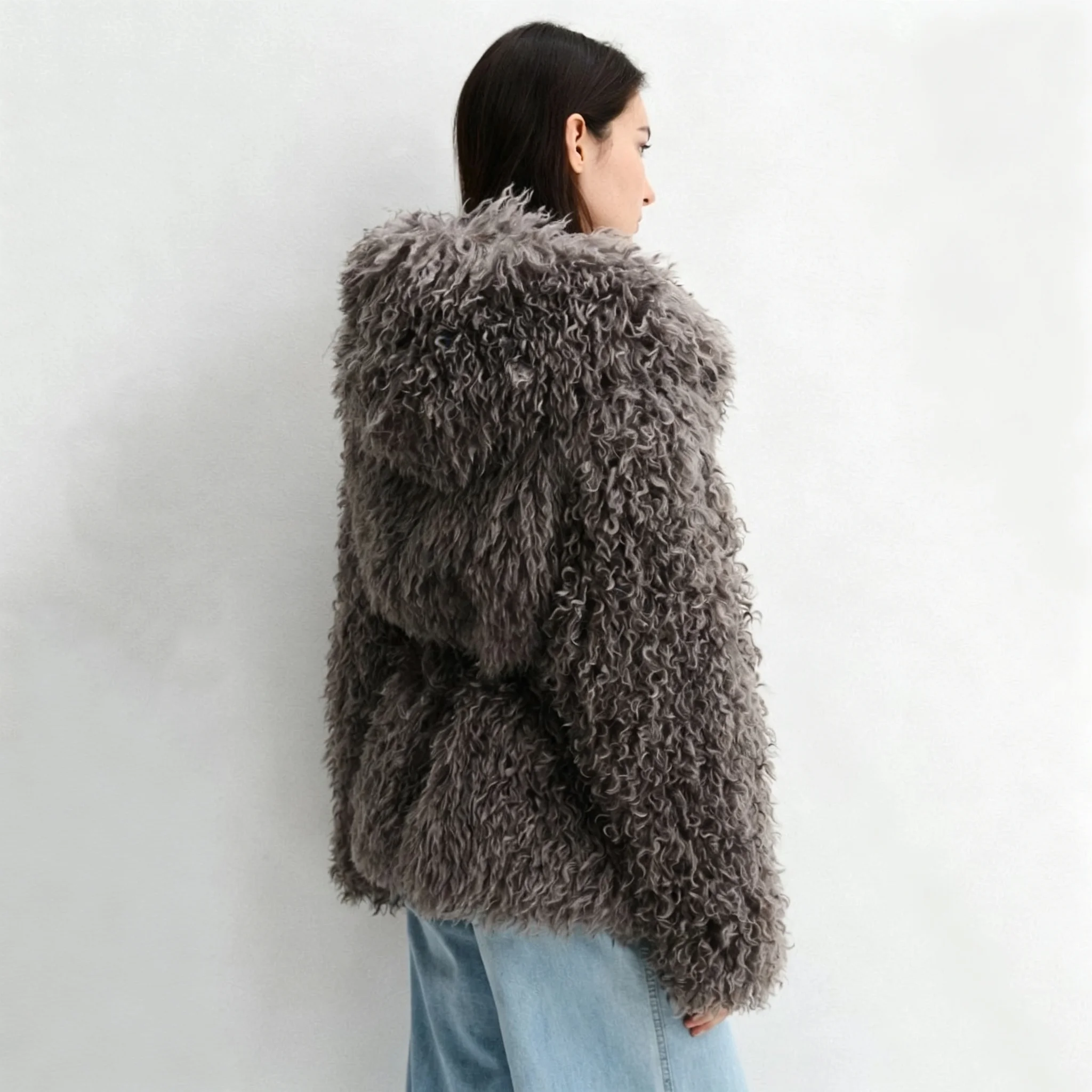 RU Women Curly Faux Fur Short Coat Self Tie Waist Belt Loose Warm Outerwear For Autumn Winter Elegant Street Daily Outfit