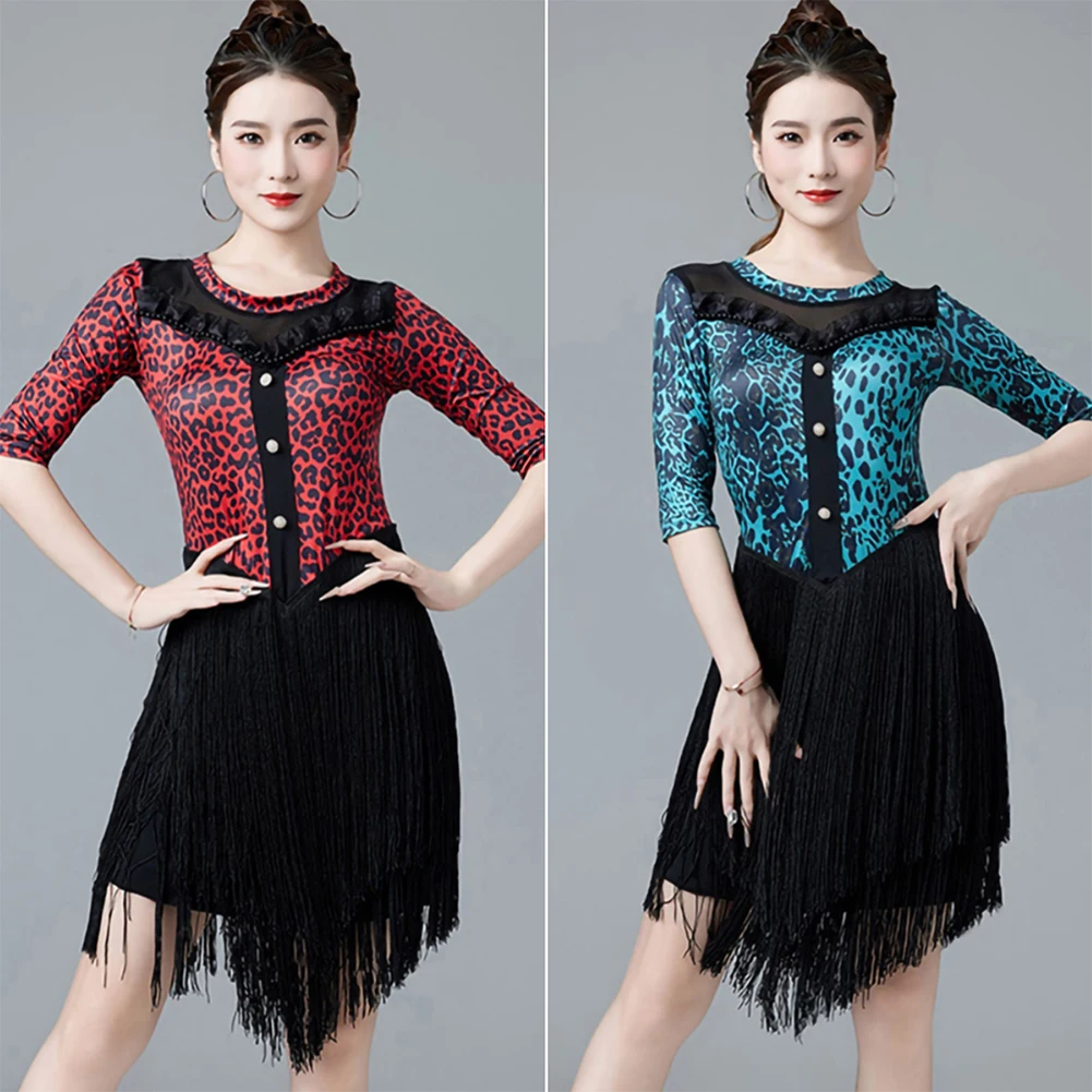 Sexy Bold Latin Dance Dress 2024 Mid-sleeve Tassel Leopard Samba Cha Cha Dance Professional Practice Dress Practice Dress