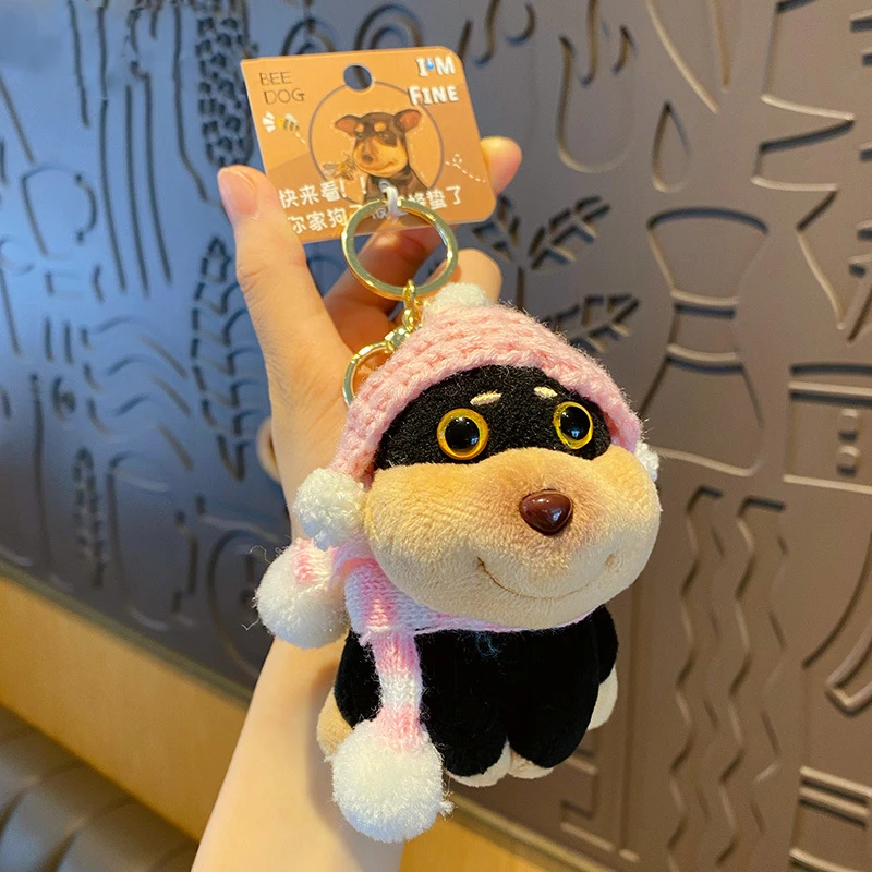 Cartoon DIY Red Green Christmas Woolen Hat Bee Dog Doll Keychain Girl Gift Cute Pink Coffee Colored Pom Pom Hat Puppy Keyring