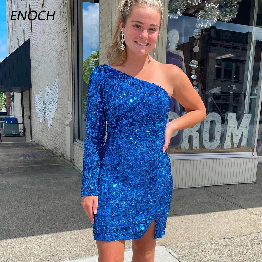 

ENOCH Mini Short Sequins Homecoming Dress One Shoulder Backless Zipper Party Formal Gown Above Knee Vestidos De Graduación New