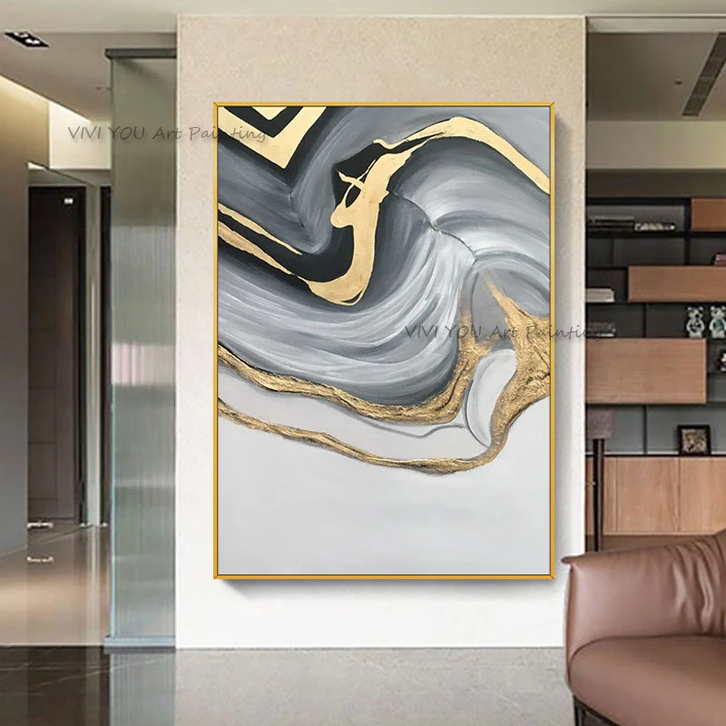 Handpainted Wall Oil Painting On Canvas Thick Palette Knife Grey Black Golden Stream Abstract Oil Painting for Modern Loft Decor