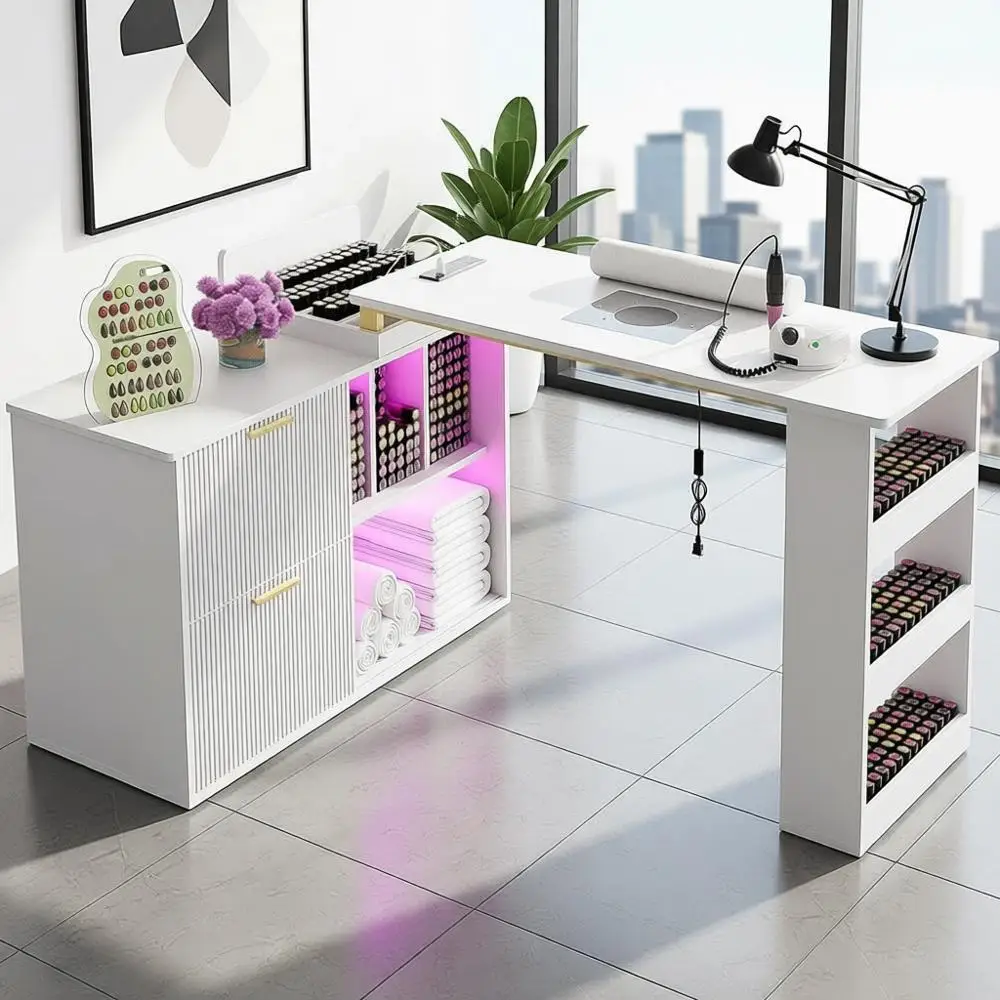 

L-Shaped LED Manicure Table with Dust Collector, Adjustable Nail Station Desk for Home Spa, White