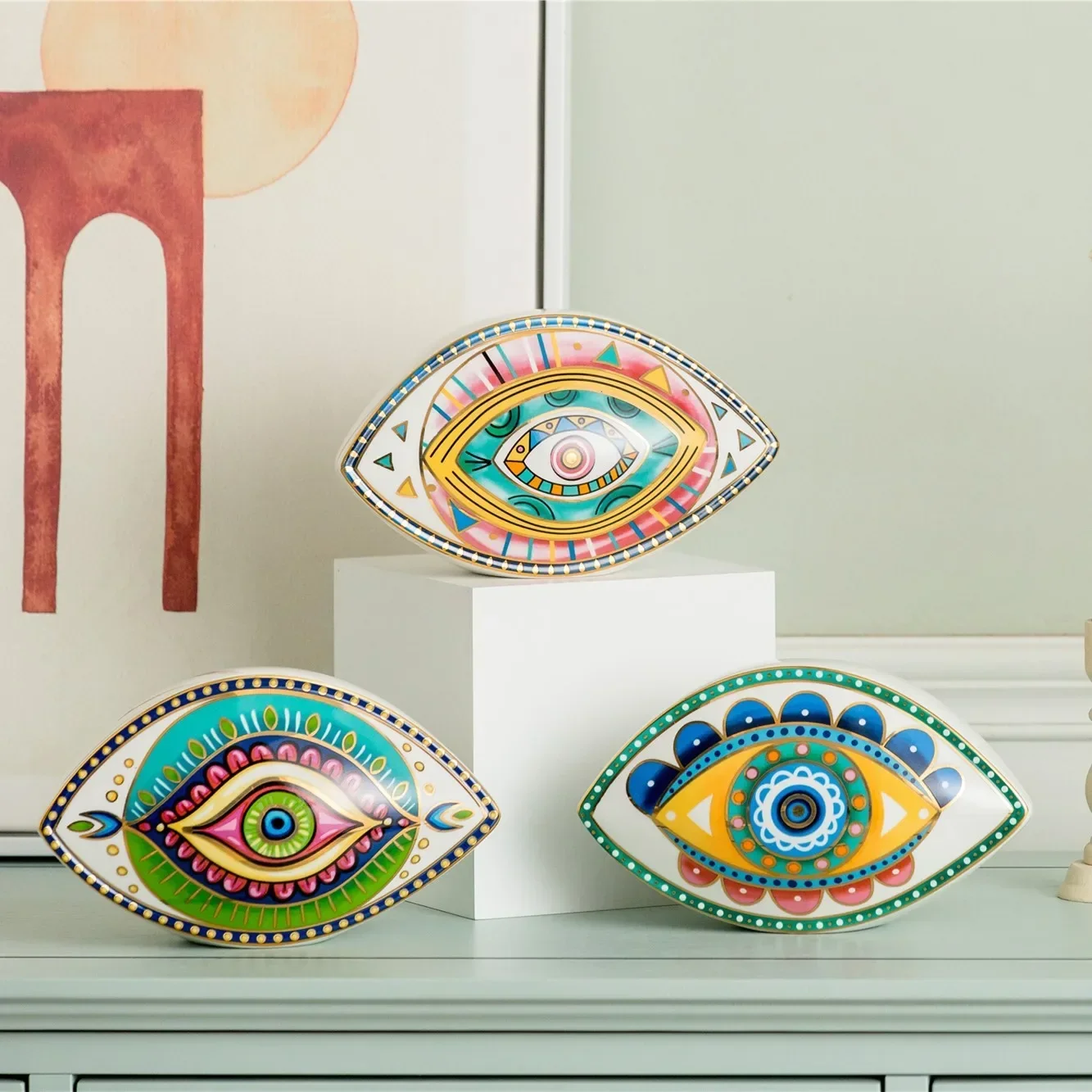 Creative Ceramic Figurines Evil Eye Sculpture Home Bookshelf Decoration Desktop Nazar Amulet Statue Interior Nordic Decor Art