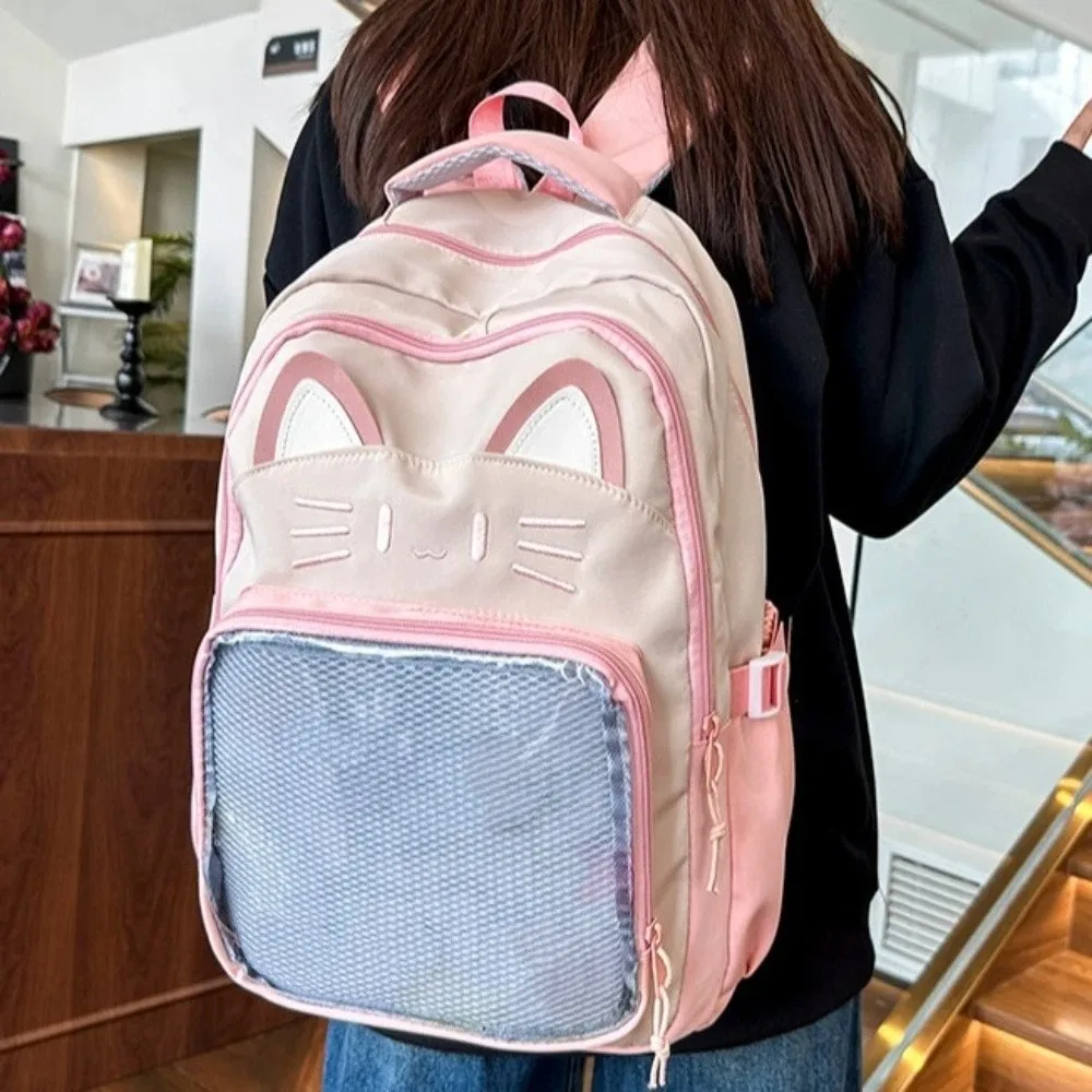 Tas Ita Bordir Kartun Modis Gaya Preppy Kapasitas Besar Saku Transparan Tas Sekolah Siswa Wanita Motif Kucing Lucu