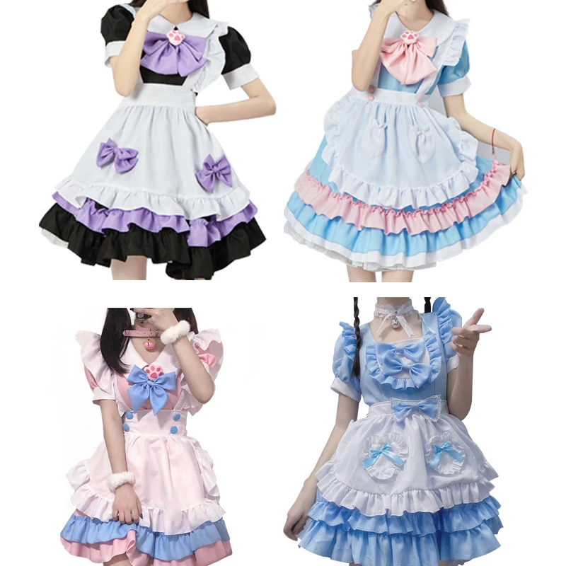 Anime Maid Lolita Jurk Cosplay Kostuum Paars Roze Vrouwen Loli Jurk Kat Klauw Meid Boog Bell Kraag En Witte Kousen