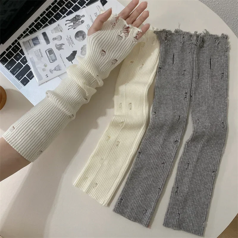 Unisex Gloves Knitted Ripped Oversleeves Men Women Warm Arm Sleeve Tattered Punk Fingerless Cuff Glove Elbow Mittens Arm Warmer