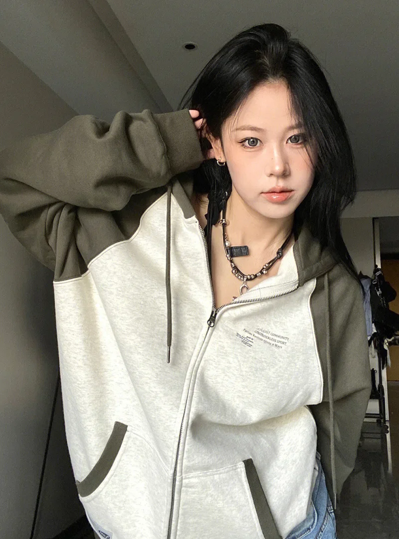 Casual Color Block Sweatshirt Women Zip Up Hoodies Cardigan Long Sleeve Loose Hooded Sweatshirts Y2k Letter Print Streetwear 후드티