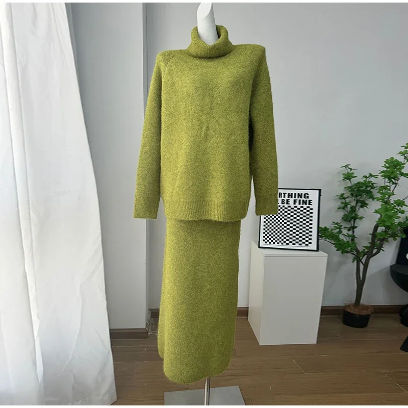 Damenrock 2-teiliges Set, gestrickter Rollkragenpullover mit langen Ärmeln, gerade lange Röcke, schicke einfarbige Outfits für Frühling und Herbst. – Detail 1