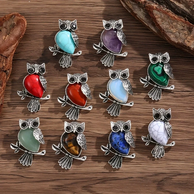Natural stone crystal owl brooch cute animal insect niche fashion chest flower DIY clothing accessories