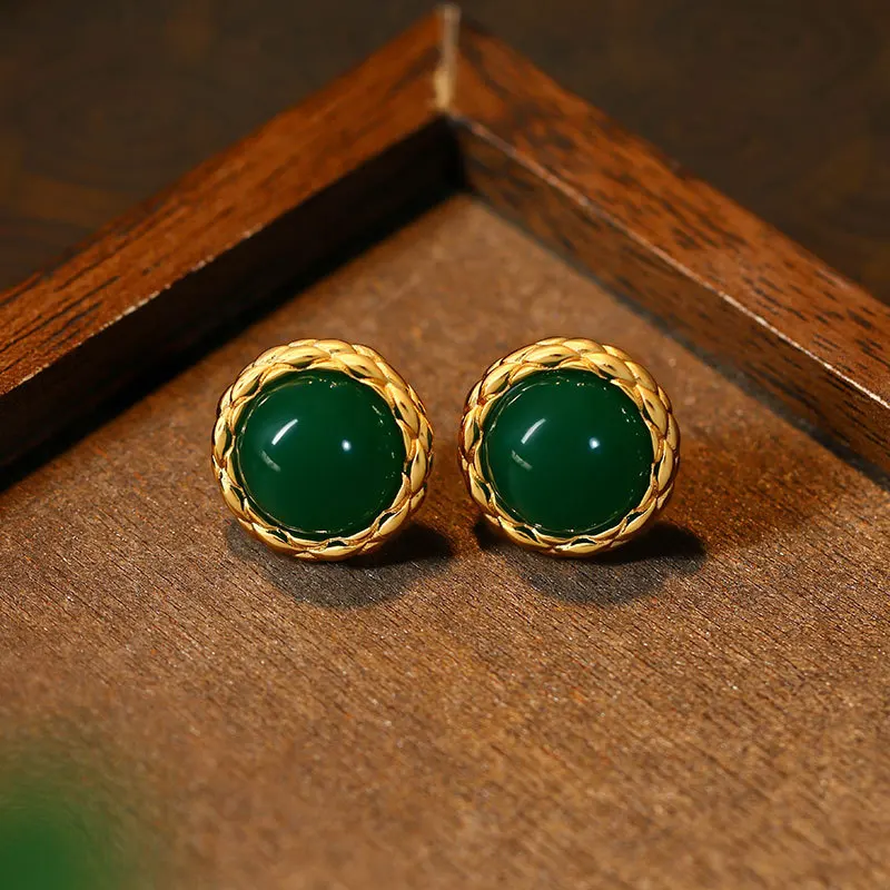 

Chinese Retro Style Simple Button Design Emerald Silver Needle Women's Earrings Temperament Classical Elegant Jewelry