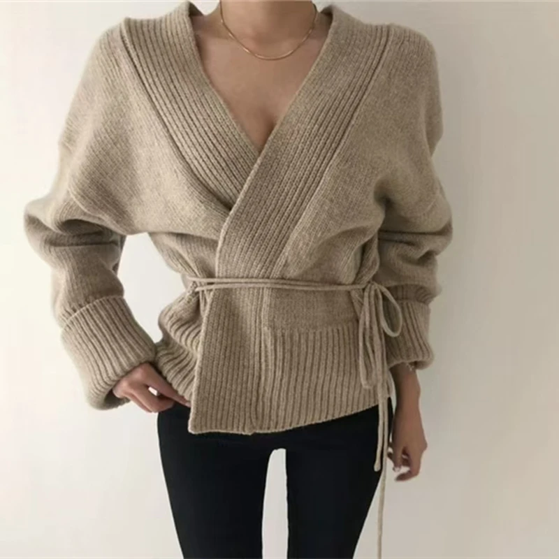 V-neck Short Knitted Cardigan Women Fall Winter Casual Loose Tied Long Sleeve Sweater Jacket 2 Colors