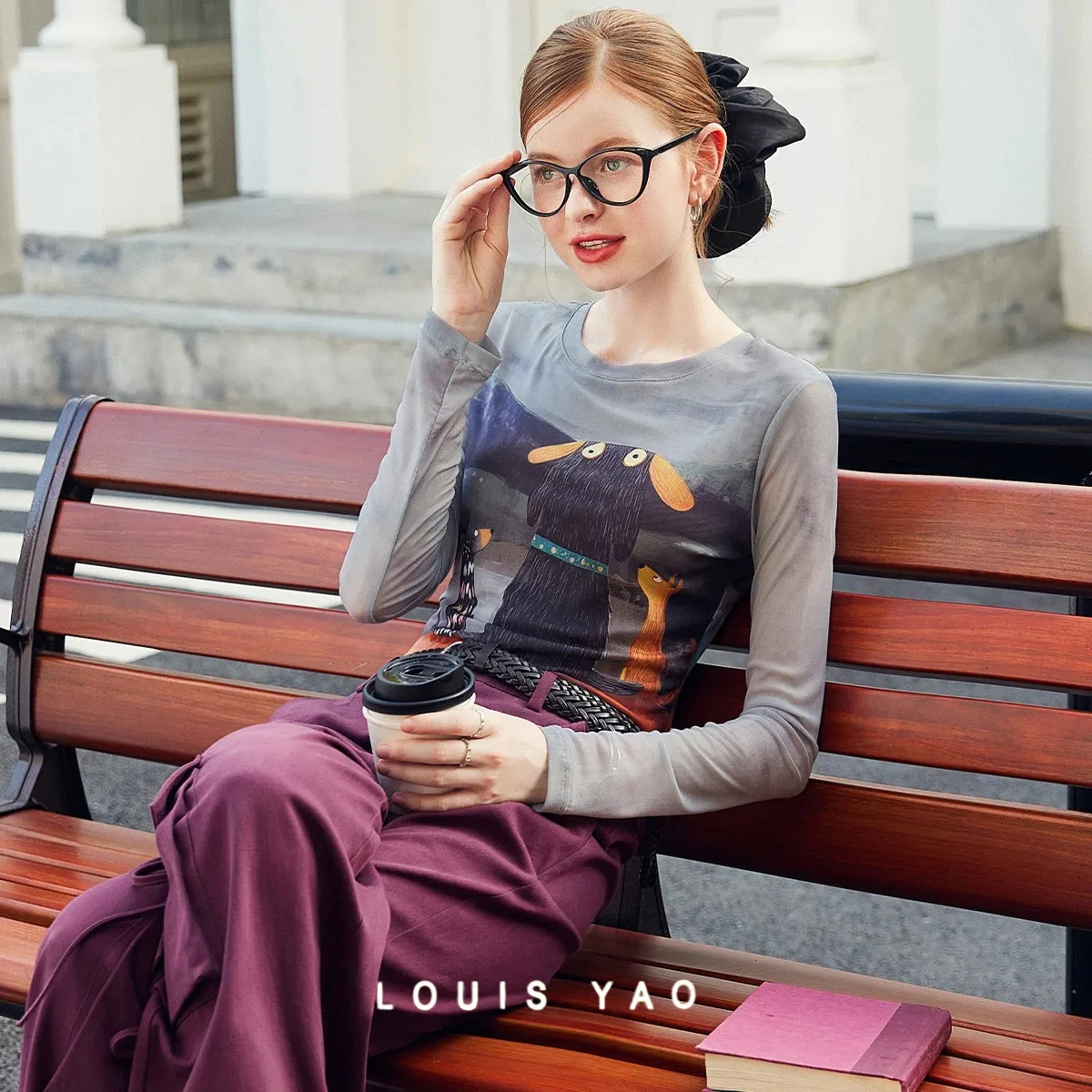 

LOUIS YAO American Retro Printed Cartoon Women's T-Shirt 2025 Autumn Slightly Stretchy Long-Sleeve Tees Slim Women's Tops