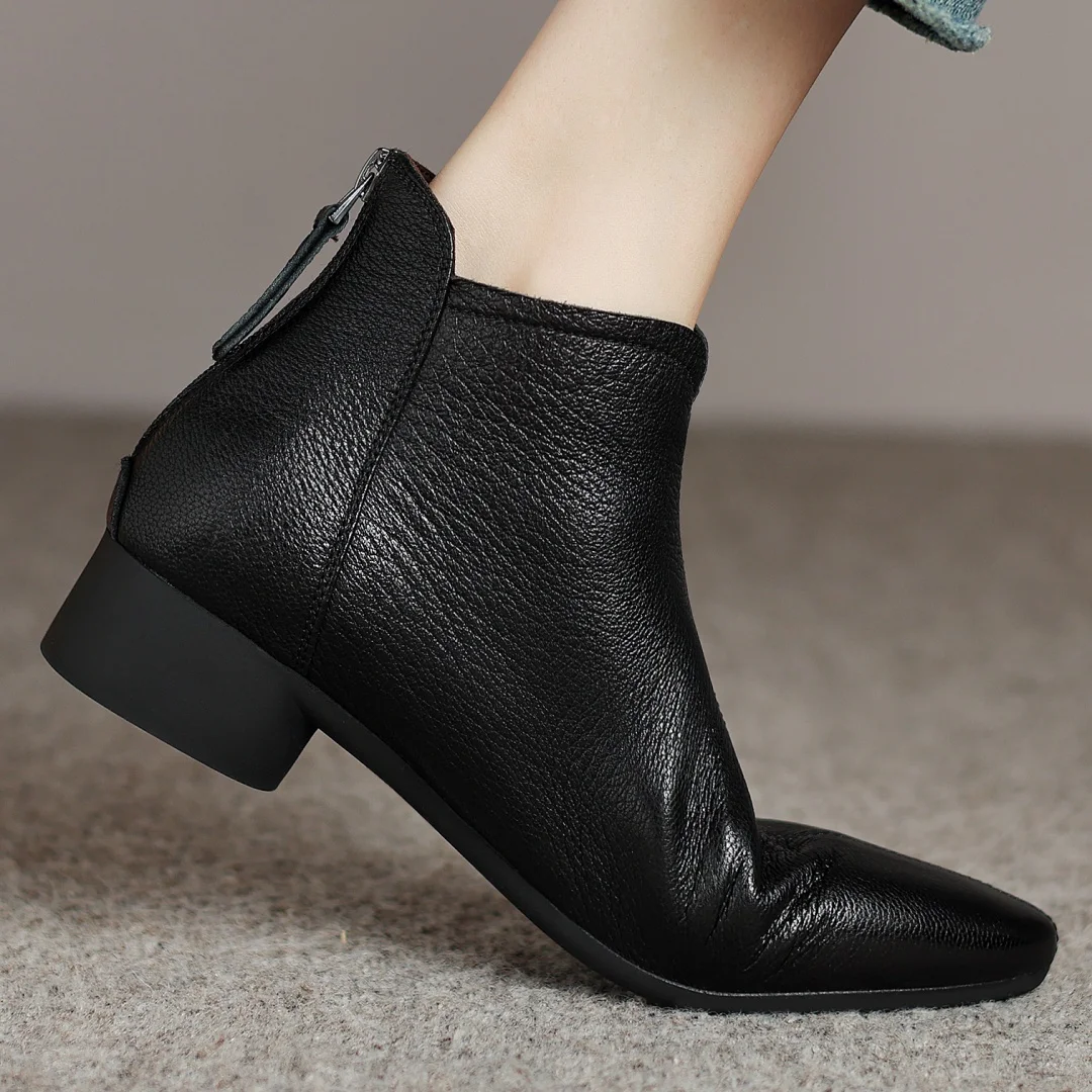 Women\'s sheepskin pointed toe back zip flats autumn ankle boots high quality soft comfortable causal female short booties shoes