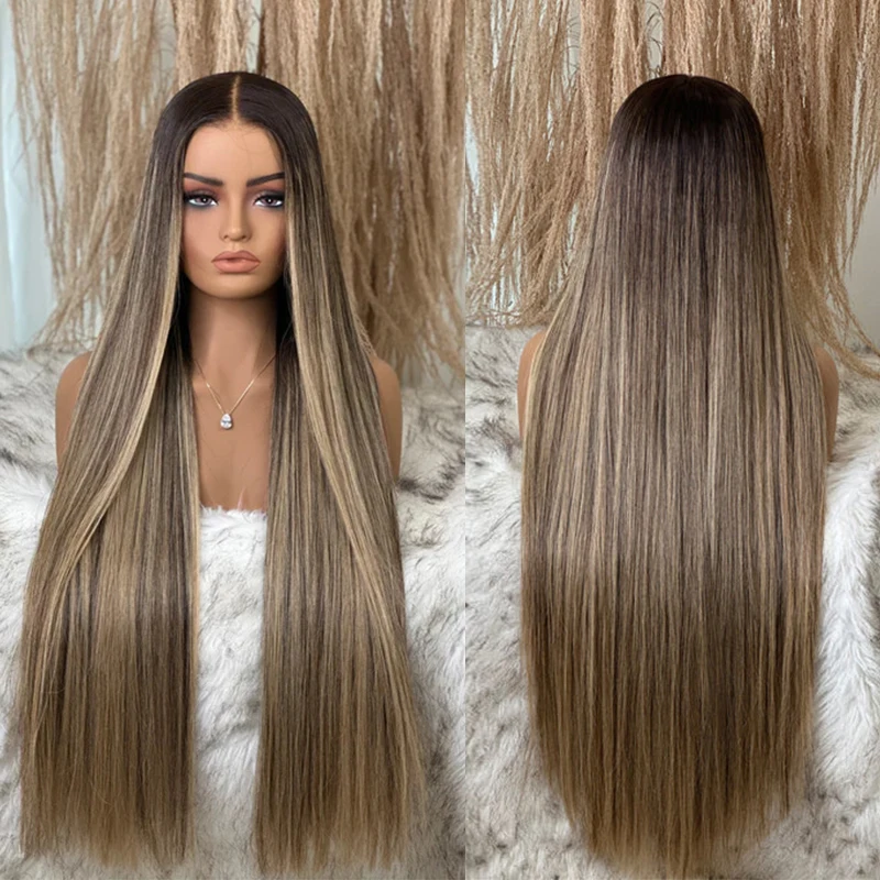 Cosplay Lace Wigs For Women Long Straight Synthetic Lace Front Wig 36 Inch Ombre Blonde Lace Wig Glueless Wig with Dark Roots