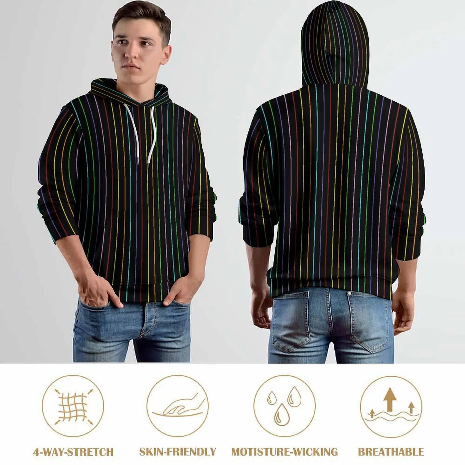 Rainbow Striped Hoodies Long Sleeve Colorful Lines Trendy Casual Hoodie Autumn Street Wear Oversized Loose Hooded Sweatshirts