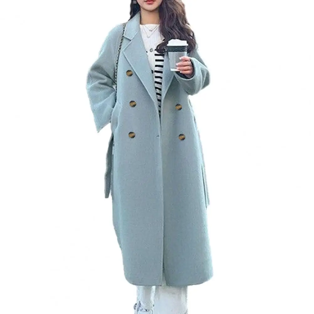 Lace-up Waist Coat Stylish Mid-calf Length Women's Overcoat with Turn-down Collar Double-breasted Design Thickened for Fall