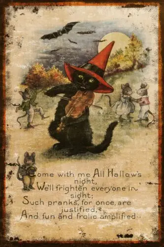Image vintage de chat noir d'Halloween avec un aspect vieilli, sur une nouvelle plaque métallique