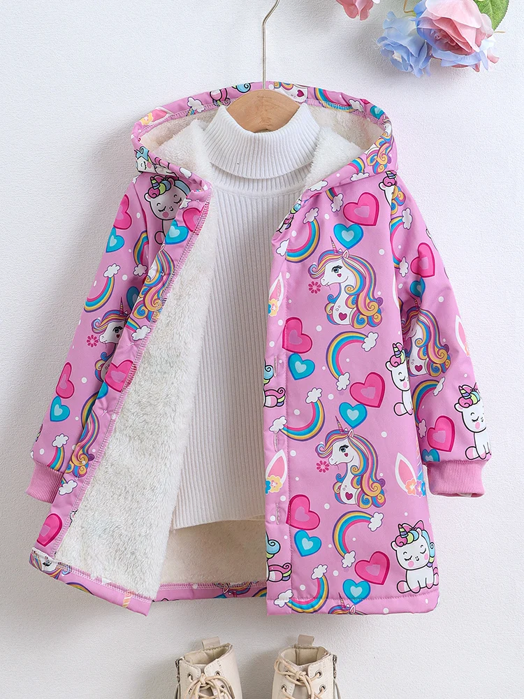 Girls Unicorn Heart Rainbow Print Winter Thickened Fleece Warm Button Cardigan Hooded Jacket