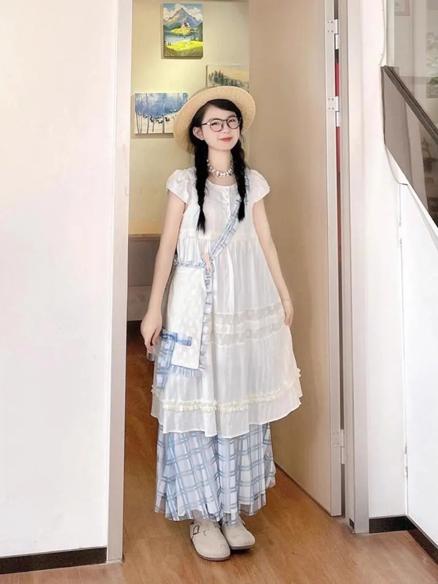 

Летний пляжный комплект Vaion Sle, белый топ и клетчатая юбка, женский нежный ветровой утягивающий костюм из полиэфирного волокна, комплект из двух предметов