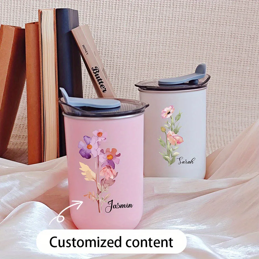 Personalized Flower Birth Stainless Steel Cup, Customized Name Travel Cup, Multi-purpose Hot and Cold Beverage Cup.