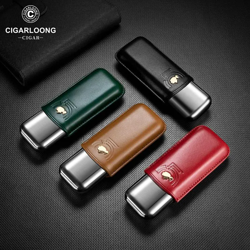 Portable Stainless Steel Cigar Case Travel Cigar 2 Tube Anti-pressure Luxury Cow Leather Humidor Moisturizing Cigar Accessories