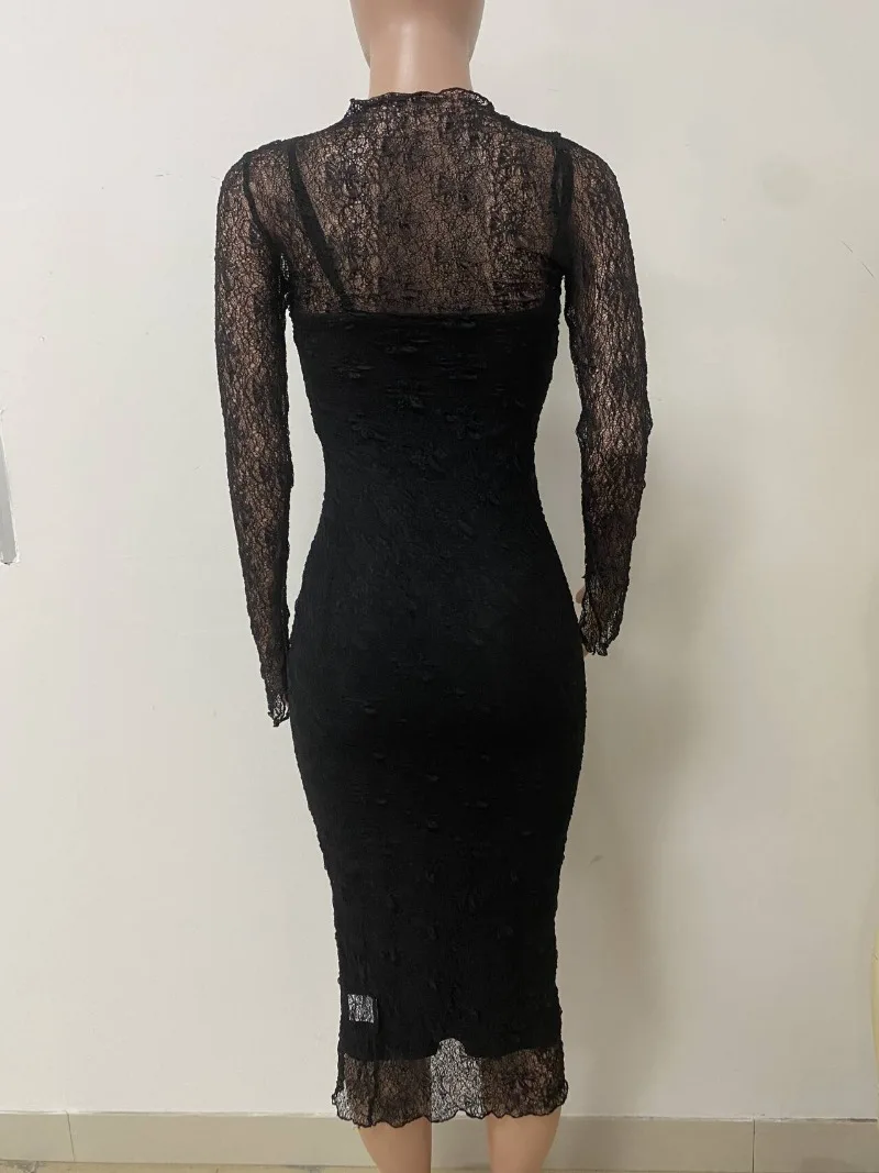 KEXU Moda Donna Nuovo Slim Sheer Lace Manica lunga Maxi abito Vedere attraverso Cover Up Bretelle Abiti aderenti sexy