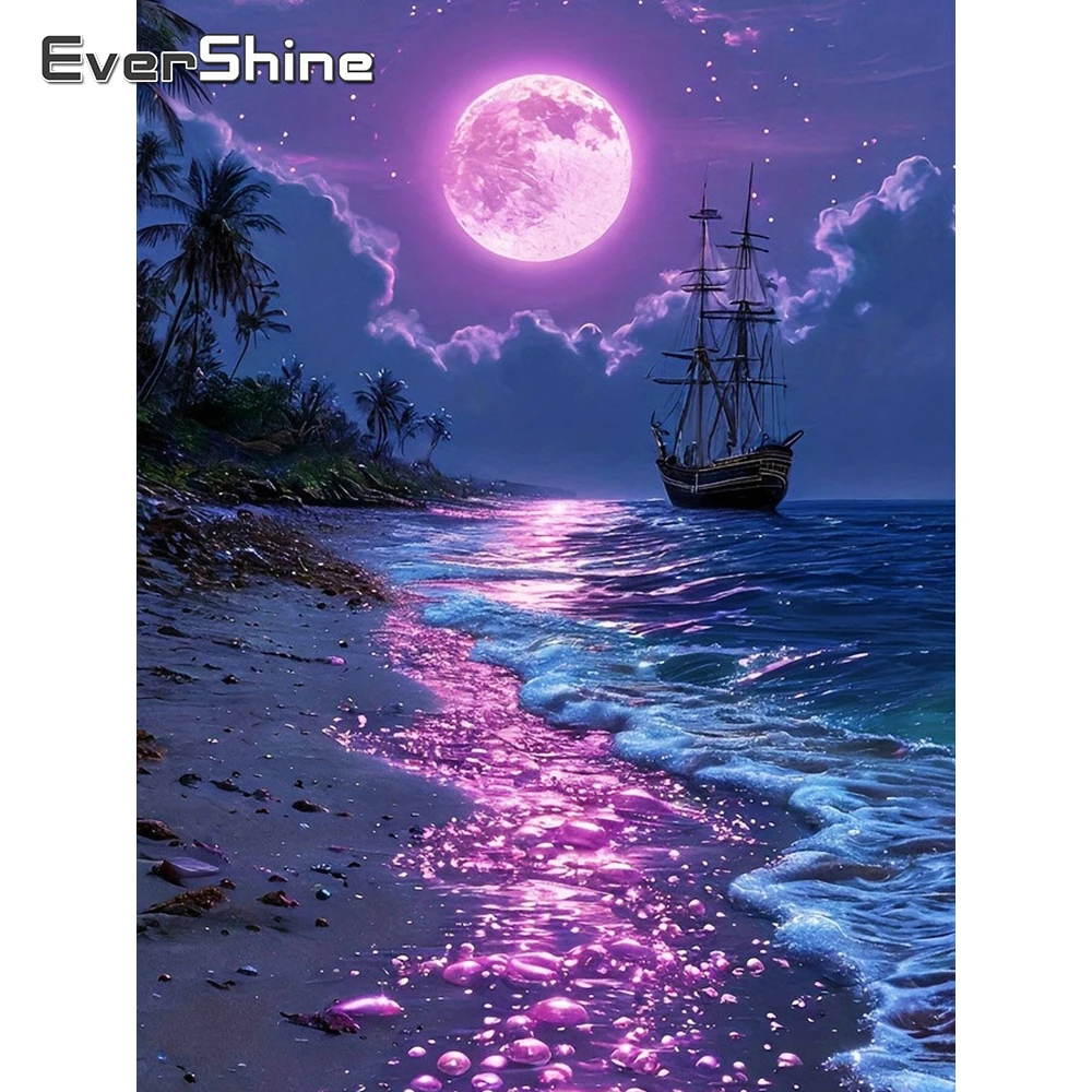 EverShine Diamant-Gemälde, Meereslandschaft, Mosaik, Boot, Bild aus Strass, Stickerei, Mond, komplett, quadratisch, Heimdekoration