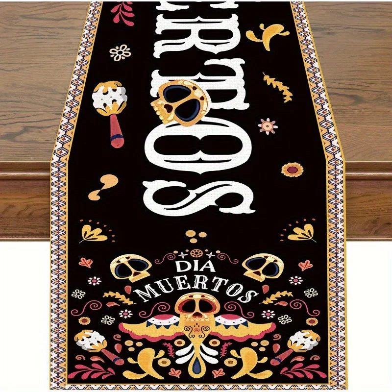 Mexican Dia De Los Muertos Linen Table Runner Home Decor Reusable Mexico Day of The Dead Dining Table Runners Fiesta Party Decor