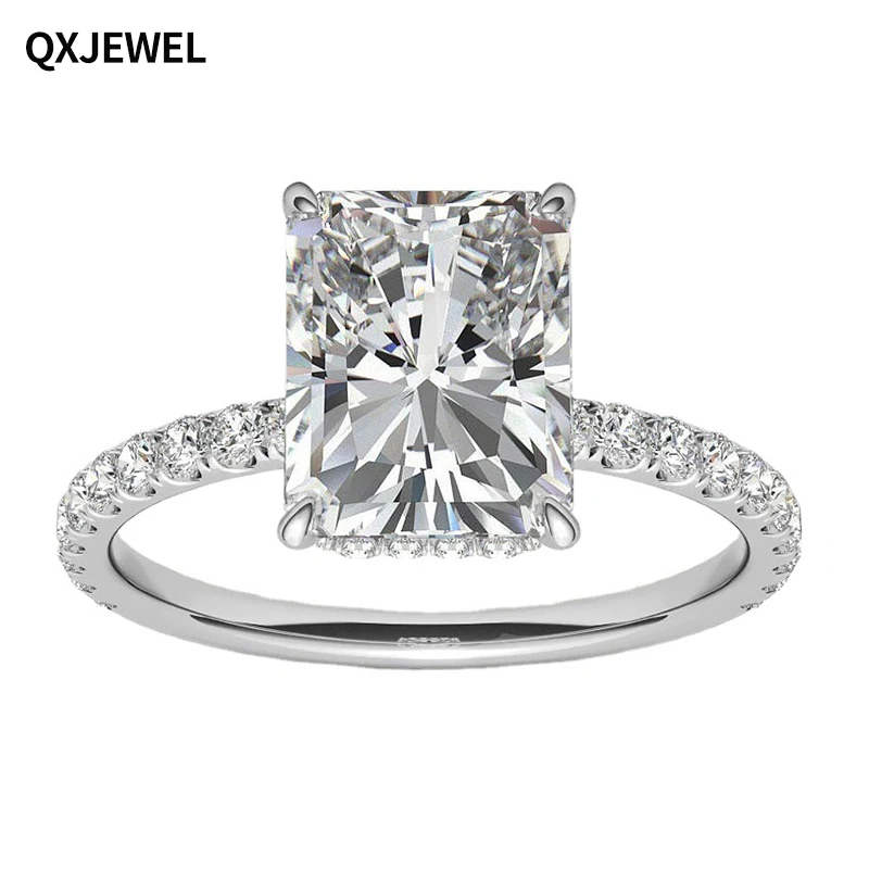 

QXJEWEL Moissanite Engagement Ring 4 Carat 8*10mm Crushed Ice Radiant Cut 925 Sterling Silver With 18k Gold Plated Prong Setting