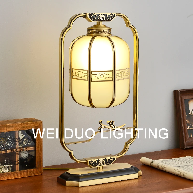 

New Chinese table lamp, bedroom bedside high-end sense retro all-copper living room entrance edge few master